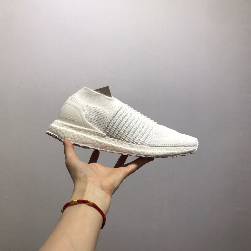 ultra boost laceless white running shoes