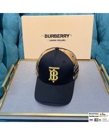 Burberry Black Striped Baseball Hat With Gold Embroidered Logo